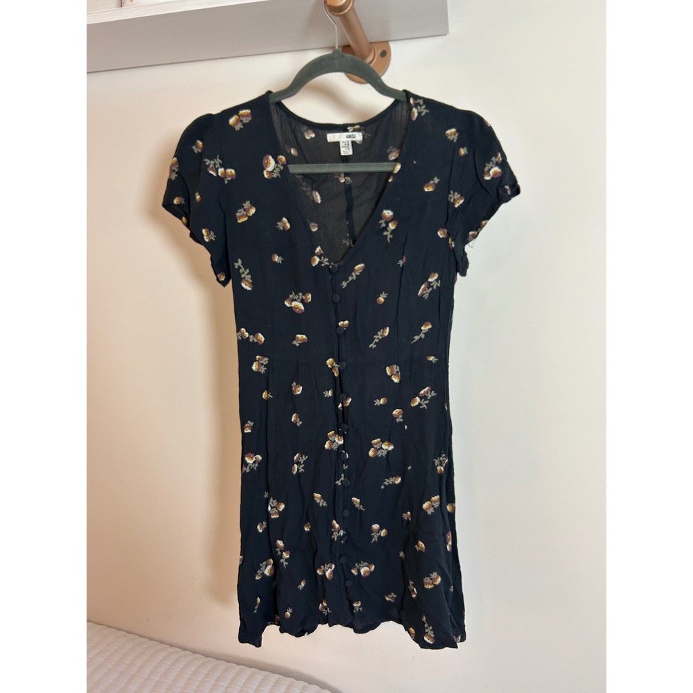 Amuse Society Floral Mini Dress‎ Black Button Front V-Neck Short Sleeve XS